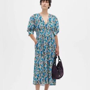 GANNI Pleated Floral Georgette Dress In Floral Azure Blue Size 42